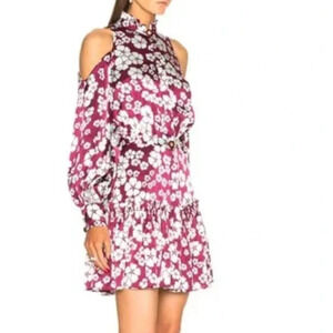 ALEXIS Audrina Purple Floral Ruffle Silk Cold Shoulder Puff Sleeve ALine Dress 0